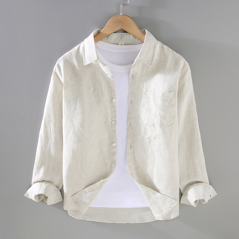 9701 Pure Linen Long-sleeved Shirt Men's Summer New Casual Thin Large Size Jacket Simple Cotton Linen White Shirt