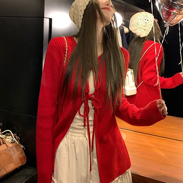 Retro Red Knitted Cardigan Jacket for Women in Autum, a Small Top with Unique and Beautiful Strap Design for Small People