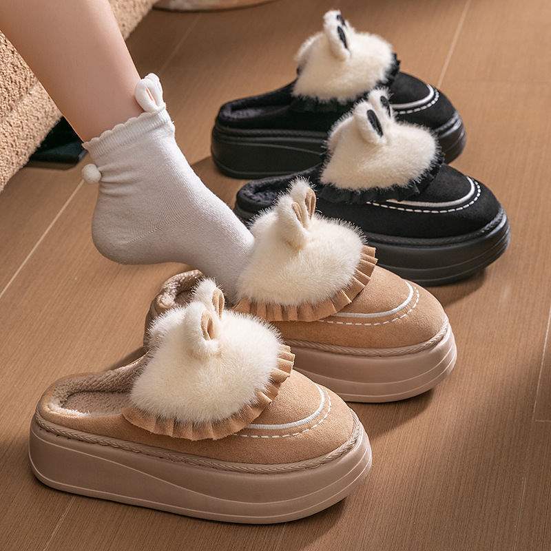 Thick-Soled High-Heeled Cotton Slippers for Women 2025 New Home Fashion Furry Slippers Winter Fleece-Lined Thickeneded Warm Outer Wear