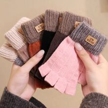 冬季半指手套毛线针织可爱加绒加厚触屏学生写字办公露指保暖手套