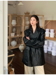 高级感ins百搭纯色皮衣西装女装秋季新款复古时尚中长款宽松外套