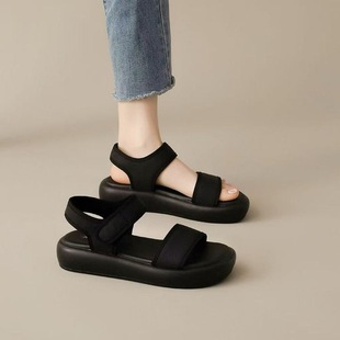Flat Sandals Women's Sports Beach Shoes 2025 Summer New Black Soft Bottom Mom Velcro Beach Sandals Women