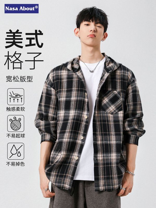 NASA美式格子连帽长袖衬衫男士春秋2025新款宽松休闲男生衬衣外套|undefined