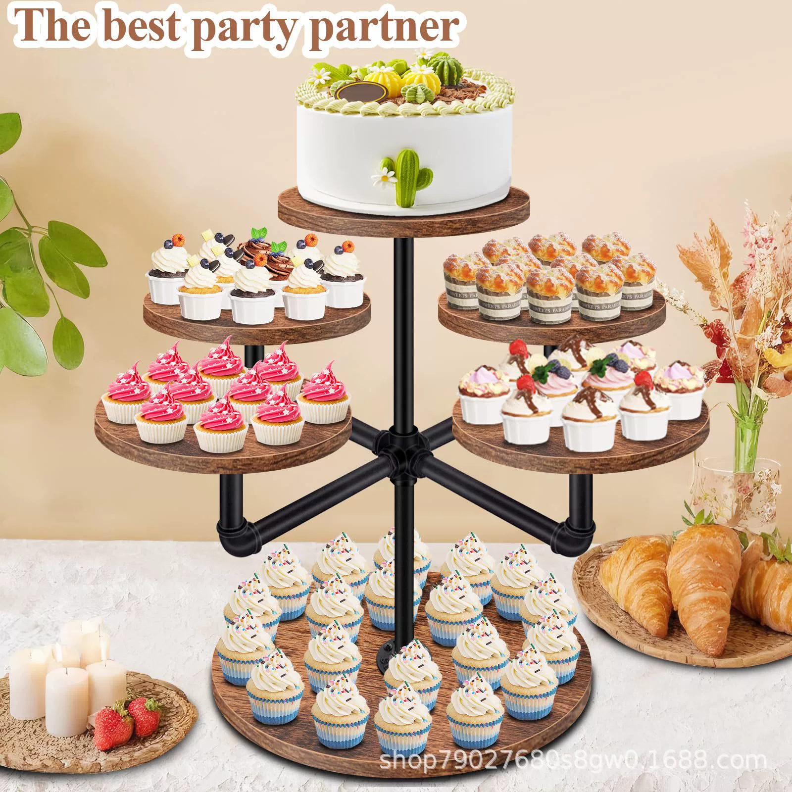 Железное дерево в сочетании с десертной витриной многоярусной стойкой для свадебной вечеринки