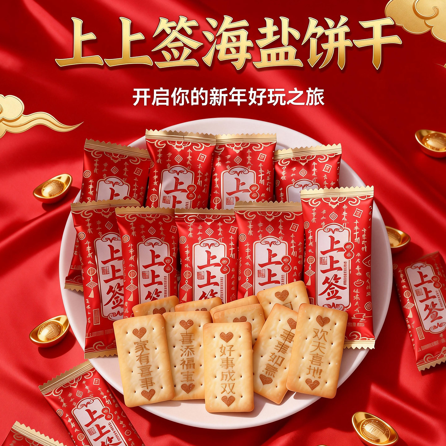 New Year's Good Luck Biscuits with Sea Salt Flavor, Various Blessings Messages, New Year Themed Individually Packaged Snacks for Entertaining Guests