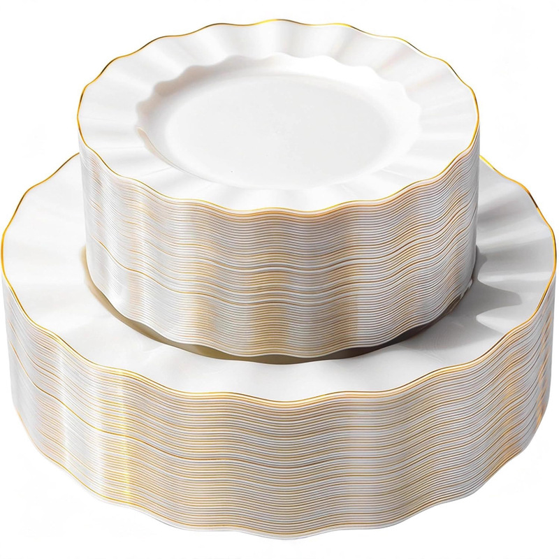 7.5, 10.25inch Plastic Disposable Dinner Plates White Gold Rim Plastic Plates Party Plates with Golden Edges