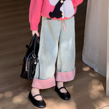 女童牛仔裤拼色加绒2025秋冬新款韩版女宝宝洋气百搭宽松直筒童裤