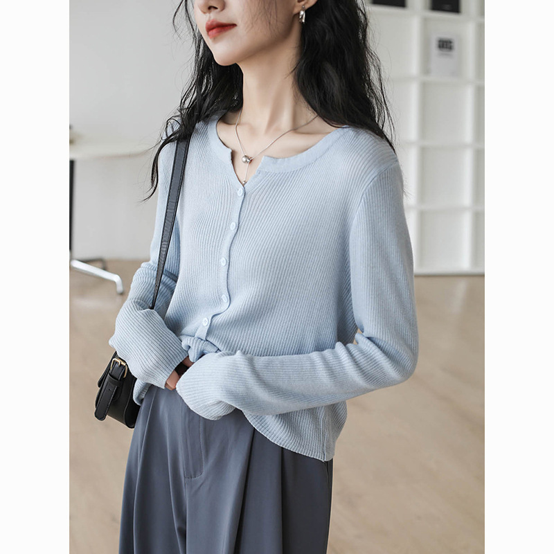 6 Wool Short Knitted Cardigan for Women, Long Sleeve, 2026, Loose Fit, Versatile, Round Neck Sweater, Outerwear, Air Conditioning Shirt, Autumn Wear