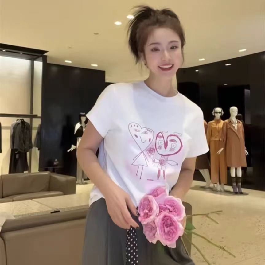 Áo thun nữ cổ tròn cotton thêu hoa hồng tay ngắn — Màu đen ngọt ngào chi tiết 4