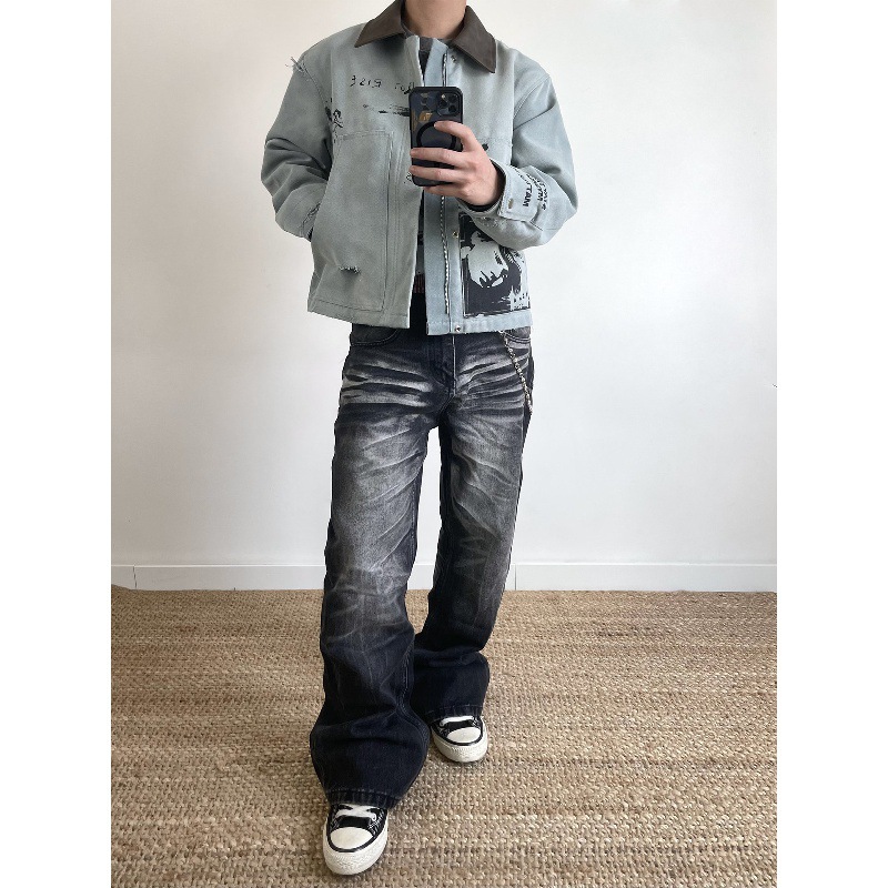 Men's Clothing Distressed Vintage Washed Black Jeans Loose Straight Leg A-Line Fit Men's Denim_voghion.com