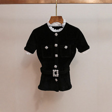 深圳南油高端女装秋季新款高级赫本风千金修身收腰镶钻丝绒上衣女