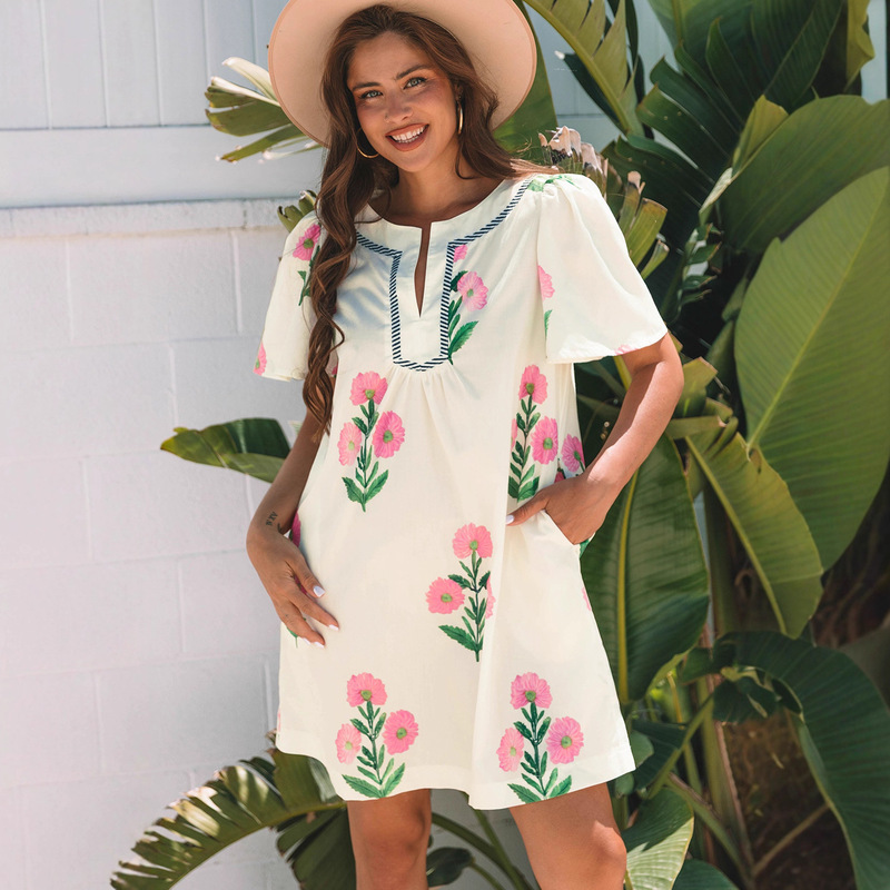 Vintage Print Short Sleeve Dress for Women Loose Casual Pullover Pocket Short Dress European and American Cross-Border Women's New Fashion Vintage Print Short Sleeve Dress for Women Loose Casual Pullover Pocket Short Dress European and American Cross-Border Women's New Fashion