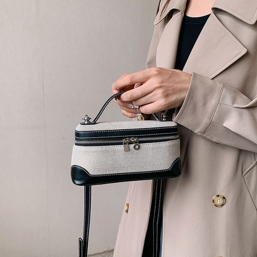 包包女跨境新款潮复古手提小方包帆布撞色拼接质感单肩斜挎包