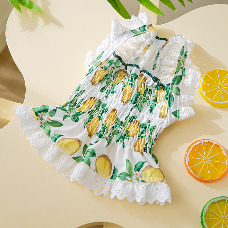 Gato primavera y verano borde de encaje fresco pequeño limón suspender falda verde dulce perro vestido ropa para perros mascotas