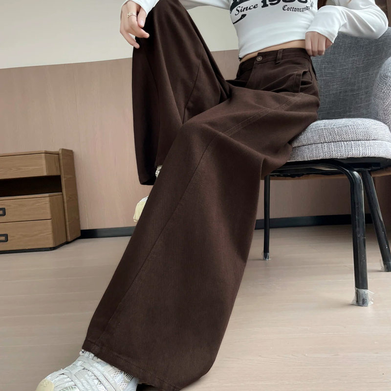 Quần jean ống rộng cạp cao màu nâu cà phê, dáng suông rộng có độ rủ, phong cách tối giản — Màu nâu đậm - Dài 9 tấc, Màu nâu đậm - Dài hơn, Màu nâu đậm - thông thường, Lót lông màu nâu đậm - Dài 9 tấc