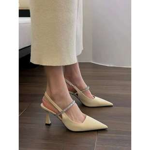 French Style Back Strap Black Pointed Toe High Heels Rhinestone Stiletto Niche with Skirt Single Shoes Sandals Women Black Summer