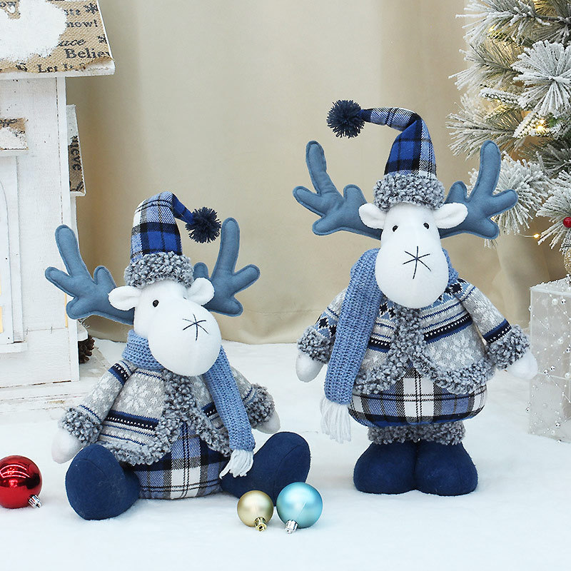 Blue Fabric Christmas Reindeer Plush Toy – Standing & Sitting Santa Hat Deer Doll For Window Display & Festive Decor_voghion.com