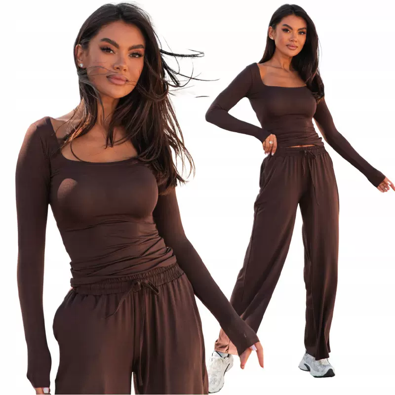 2025秋冬款 外贸欧美女装 时尚休闲长袖方领抽绳直筒裤上下套装女