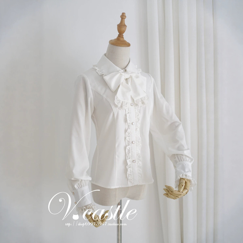 Japanese Style Soft Girl College Style lolita All-Match Slim Shirt Spring and Autumn Lace Ruffled Shirt with Bow