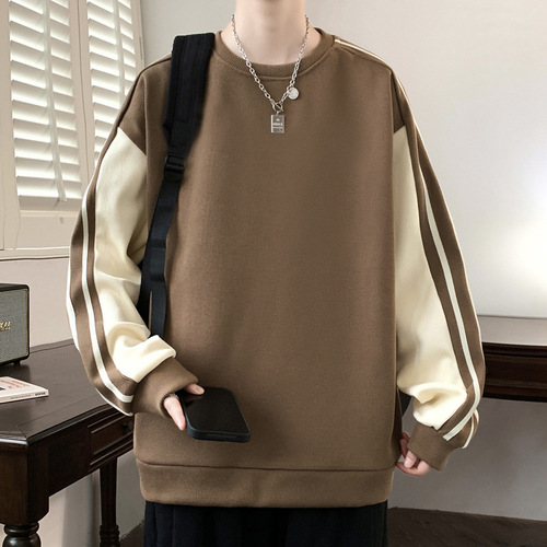Couple's Hong Kong style splicing three-bar pull-up round collar sweater men's spring and autumn new style fashion brand all-matching loose base