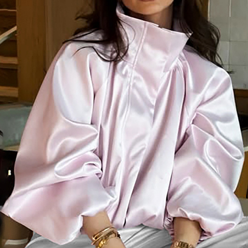 2026 Autumn and Winter New Satin High-Neck Jacket with Elegant Puff Sleeves and Reflective Drape Effect