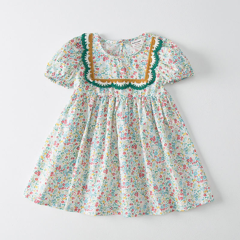 2022 Summer New Korean Bubble Sleeve Girls' Dress Square Neck Lace Floral Princess Skirt Short Sleeve Children's Dress