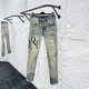 High Street Trendy Brand Amr New Light-Colored Ripped Patch Jeans Men's Logo Embroidered Stretch Slim Fit Pants