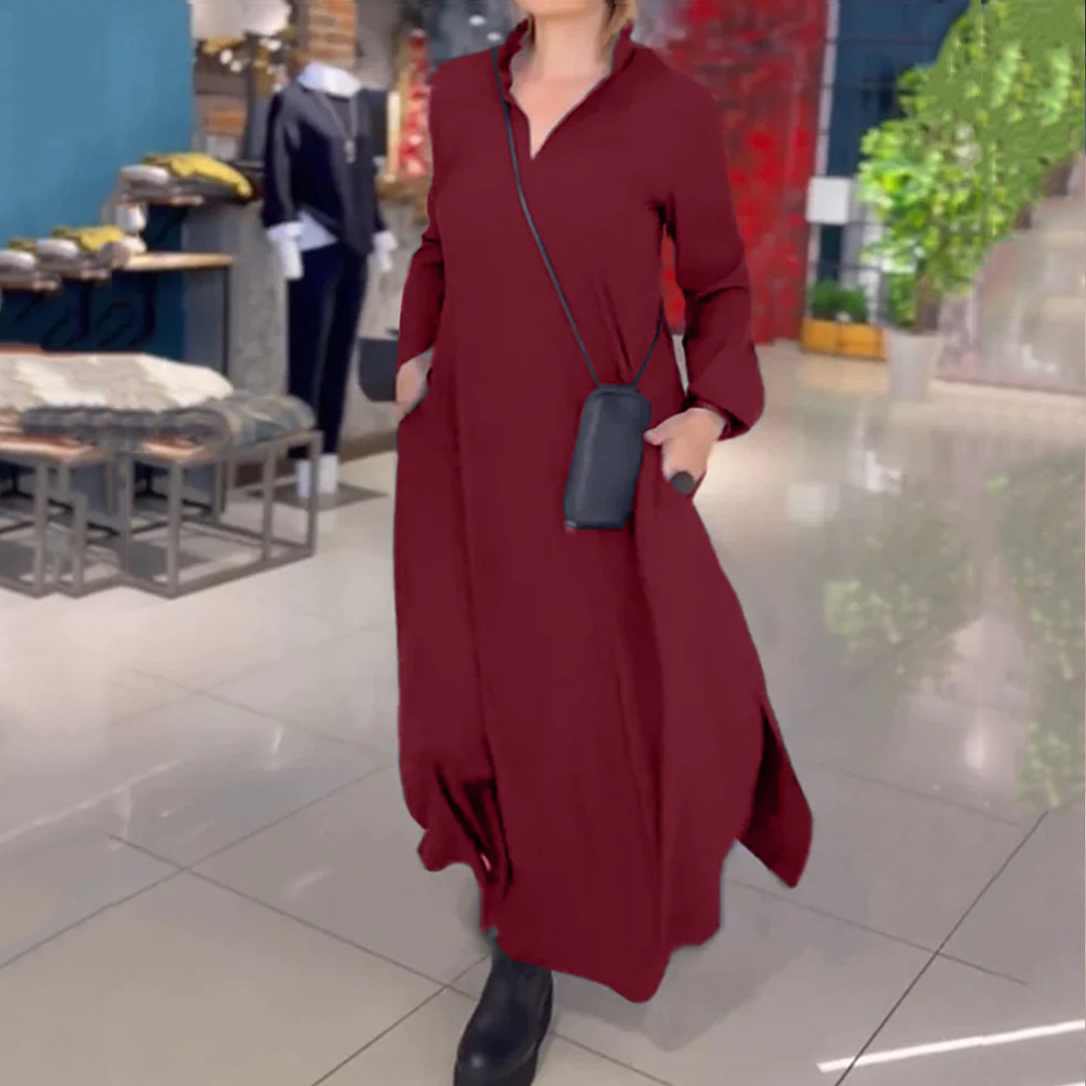 2026 Cross-Border Autumn/Winter New European And American Casual Loose Solid Color V-Neck Pullover Long Sleeve_ecoleips.com