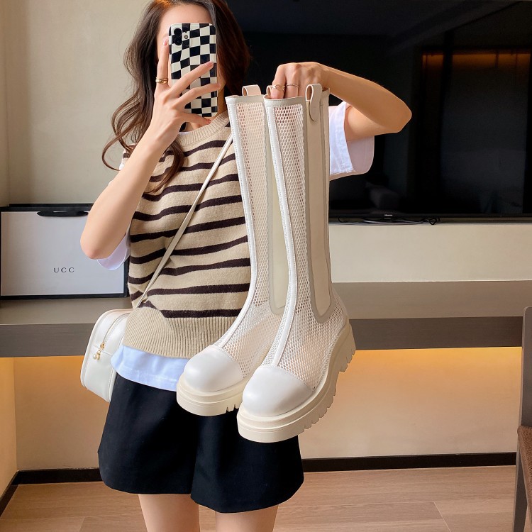Boot lưới nữ da bò cổ cao thoáng khí mùa hè, đế dày, ống rộng cho chân to — Màu nâu ống lớn, Màu đen cổ ống lớn, Ống nhỏ màu đen, Chu vi ống lớn màu trắng be chi tiết 21