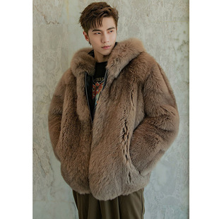 Autumn and Winter New Men's Faux Fox Fur Coat Trendy Wool Coat Hooded Thickened Jacket fleece-lined Leather