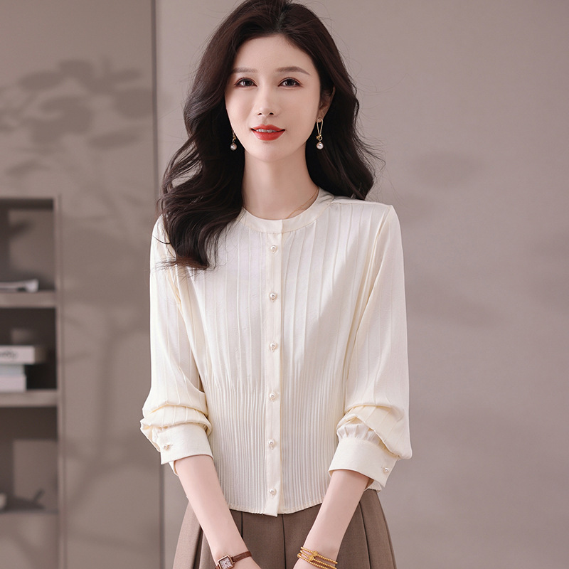 2025新款女装显瘦百褶单排扣纯色长袖真丝衬衫女春秋缎面气质开衫|undefined