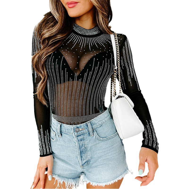 Mono Shiying de manga larga para mujer, estilo transfronterizo, nuevo modelo de otoño, negro, sexy, con pedrería, pantalones de tiro medio ajustados para mujer