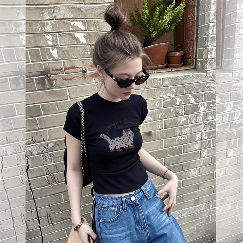 夏季新款漂亮超好看灰色圆领正肩短袖t恤女高级感修身上衣|undefined