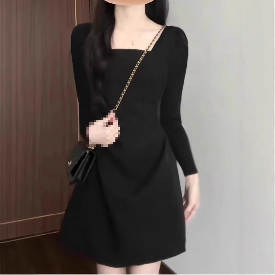 헵번 프랑스 스타일 블랙 스퀘어 칼라 긴 소매 원피스 슬림 새로운 도착 작은 허리 검은 치마