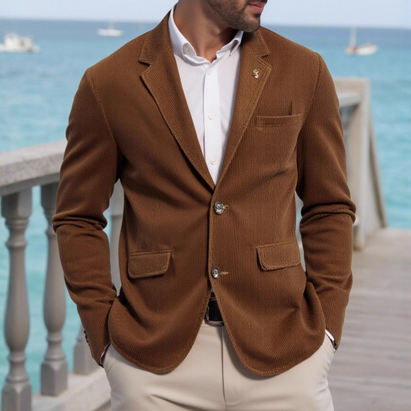 厂家外套平驳春秋男装休闲新款西装复古灯芯绒西服纯色西装58179
