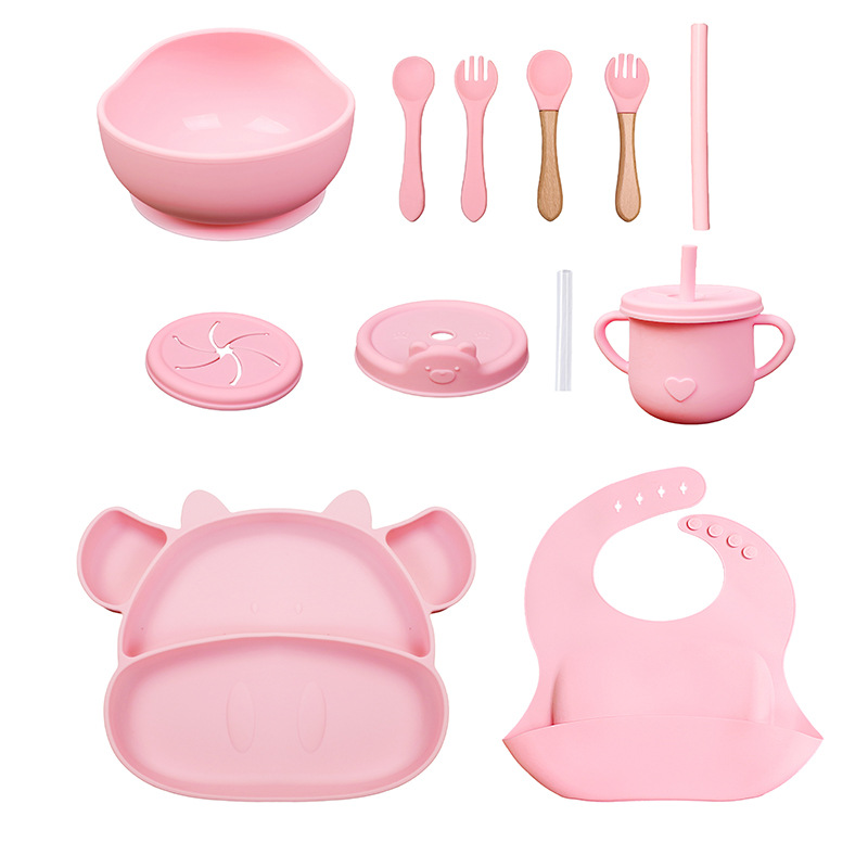 Conjunto de cubiertos para niños tazón de alimentos suplementarios platos de silicona tazón de cuchara de tenedor bib taza de agua de grado alimenticio para bebés alimentación suplementaria