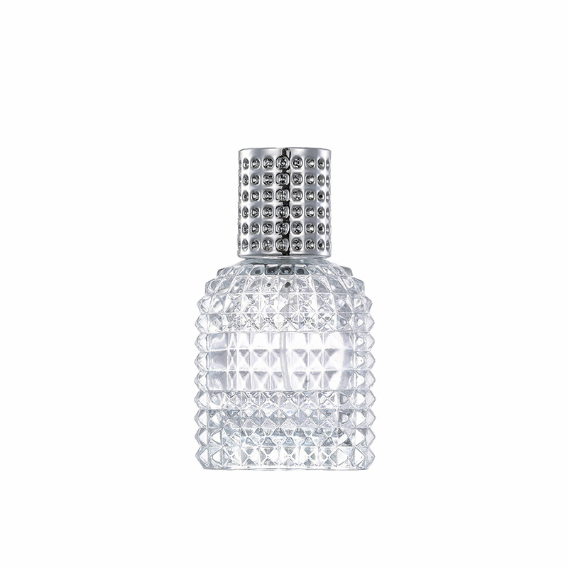 En stock suministro B006-30ml piña rejilla transparente botella de perfume de vidrio cosmético sub-botella spray botella vacía
