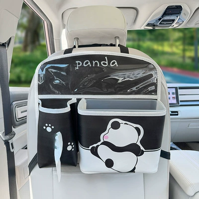 Storage mat car anti-kick mat Chair back anti-kick pad - seat-back-storage-bag-wall-climbing-panda-flat-style-print-leather-blackwhite