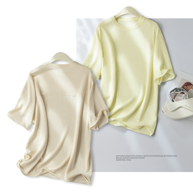 2026 Hangzhou Sijiqing Source Factory Rolled Edge Round Neck Japanese Paper Yarn Mid-Sleeve Top for Women, Lazy, Casual, and Gentle