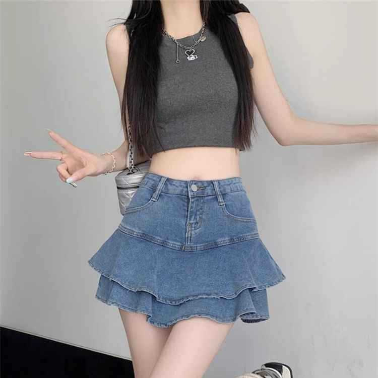 小个子辣妹牛仔蛋糕半身裙夏季新款高腰设计鱼尾短裙荷叶显瘦裙子