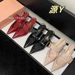 Mi's ポインテッドトゥフレンチベルトバックルバーガンディトゥサンダルレトロパテントレザーハイヒールレディースバックエアメリージェーンシューズ