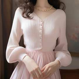 1206流行漂亮粉色针织打底连衣裙秋冬法式收腰气质长款毛衣公主裙