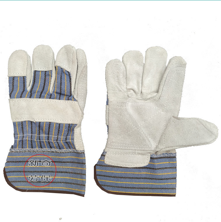 短款二层牛皮半皮掌心加托条纹帆布电焊手套防 电焊焊工防护手套