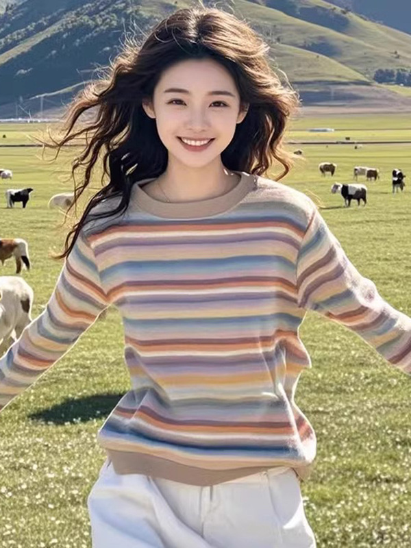 筱香饰彩虹条纹正肩长袖T恤女2025秋季小个子设计感小众宽松上衣|undefined