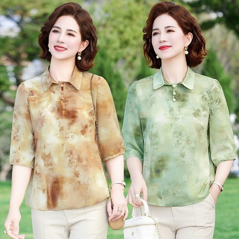 Мама платье 2025 рубашка весна и осень новый средний и пожилой женщины свободный топ для пожилых людей рубашка с принтом моды