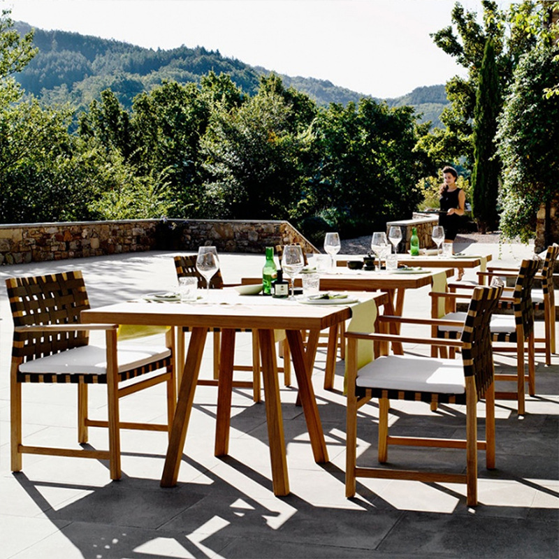 Mesa y silla de teca al aire libre anticorrosivo madera sólida alojamiento residencial patio al aire libre jardín ocio mesa larga impermeable silla de caña