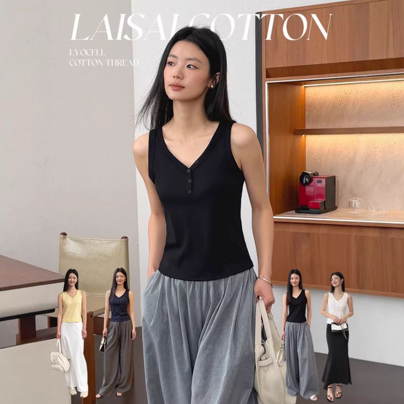 31005 # Lyocell Cotton V-Neck Ribbed Button Casual Fashion Women's Tank Top Elastic Solid Color Camisole for Women