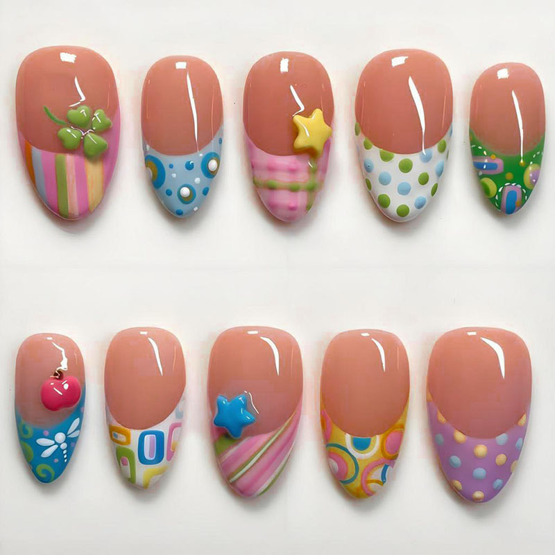 30 Pieces of 3D Stereo Flower Star Apple Embossed Wearable Nails European and American Export Hot-Selling Fake Nails Cross-Border Wholesale