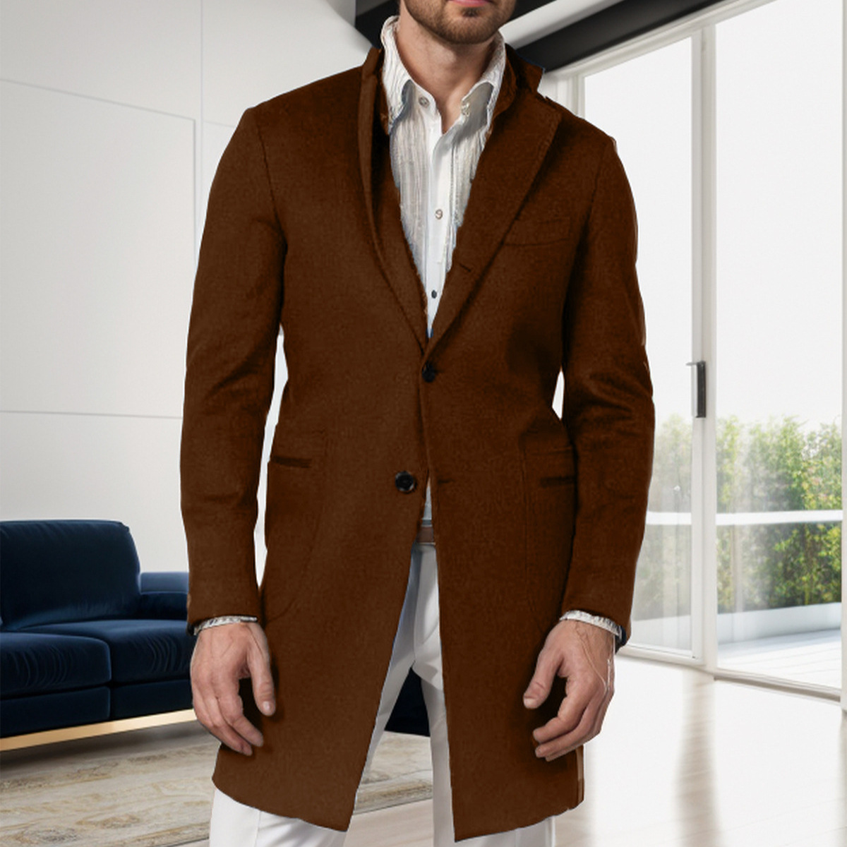 Men's autumn and winter British style medium single breasted long sleeved woolen coat, men's_voghion.com