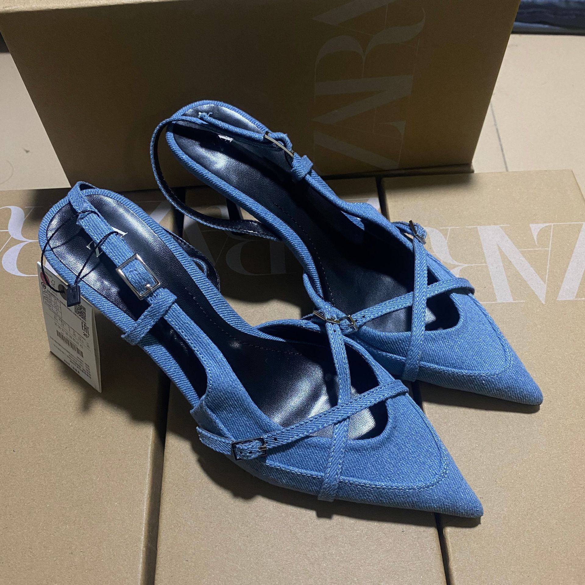 ZAJ2025 Spring Women's Shoes Blue Denim High Heeled Mule Shoes British Cross Strap Sandals Women's Shoes
